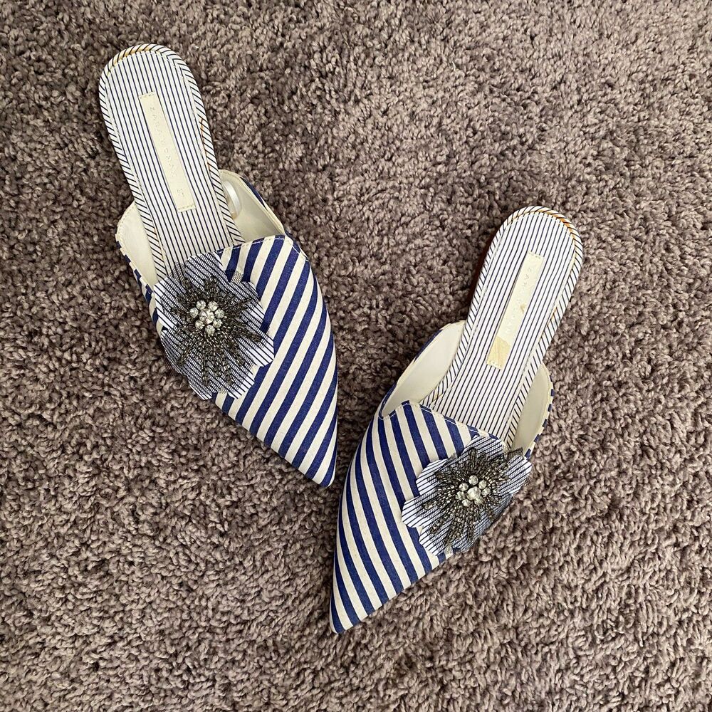 ZARA Blue White Striped Embellished Flower Slip On Loafer Mule Flats Size 37/6.5